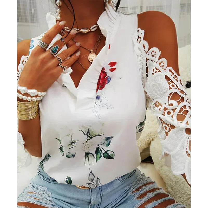 Hollow Out Short Sleeve Lace Sexy Blouse