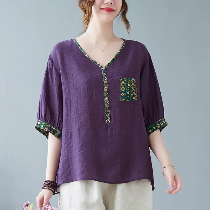 Fashion V-Neck Spliced Printed Loose Casual Blouses Women's Clothing 2024